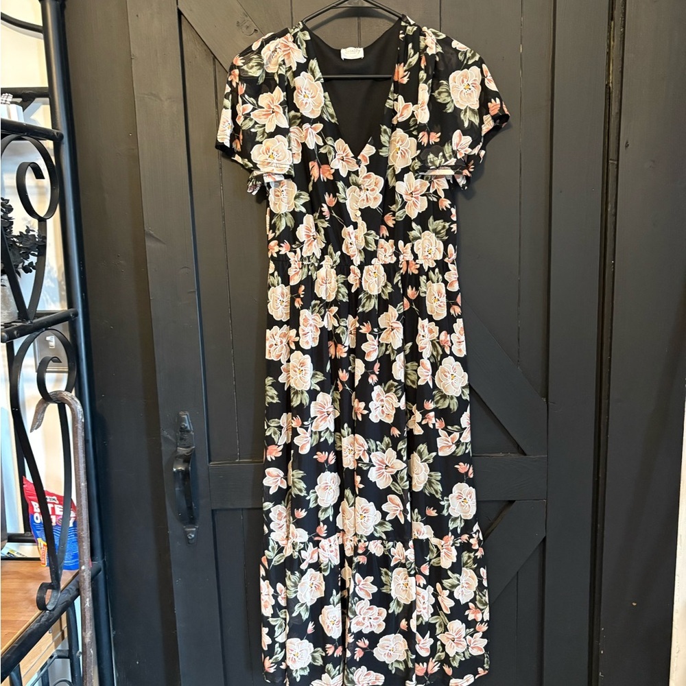 Siren Lily Black and Pink Floral Maxi Dress